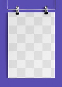 Png blank paper mockup hung with 2 clippers on purple background