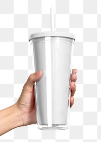 Png plastic cup mockup hold by one hand on transparent background