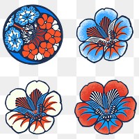 Batik flower png sticker illustration in blue tone set