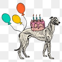Birthday png dog sticker greyhound with cute cake, remixed from artworks by Moriz Jung