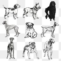 Dog png vintage stickers black and white illustration set, remixed from artworks by Moriz Jung