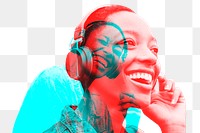 Png woman listening to music with wireless headphones  in double color exposure effect