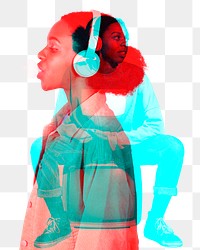 Png woman listening to music with wireless headphones in double color exposure effect