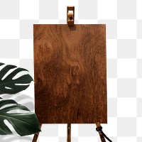 Wooden board easel sign mockup png with stand on transparent background