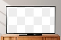 Smart TV screen png transparent mockup on a wooden table