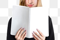 Woman png mockup reading a book on transparent background