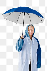 Woman png in blue raincoat and umbrella rainy season apparel