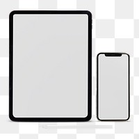 Png digital device screen mockup with tablet and phone workspace flat lay