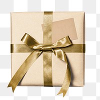 Gift png box mockup beige wrap with gold ribbons