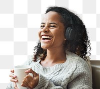 Happy woman png enjoying music with coffee