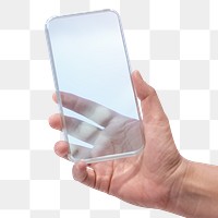 Hand holding transparent smartphone png futuristic technology concept