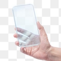 Hand holding transparent smartphone png futuristic technology concept