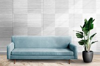 Wall transparent mockup png with blue sofa in living room