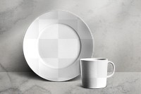 Mug transparent mockup png and plate set in minimal style