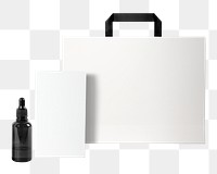 Cosmetic dropper bottle mockup png with card and bag