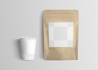 Cafe png mockup with coffee bean pouch and paper cup