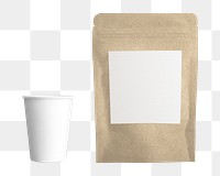 Cafe png mockup with coffee bean pouch and paper cup