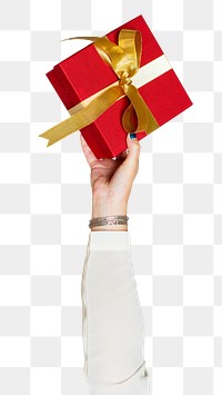 Gift box png in hand sticker on transparent background