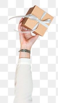 Gift box png in hand sticker on transparent background