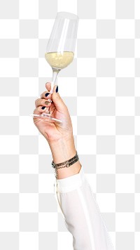 Champagne glass png in hand sticker on transparent background