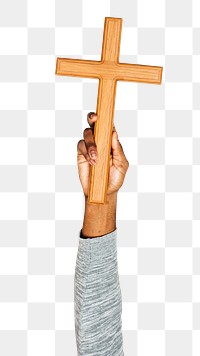 Wooden cross png in hand sticker on transparent background