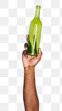 Glass bottle png in hand sticker on transparent background