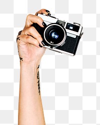 Camera png in hand sticker on transparent background