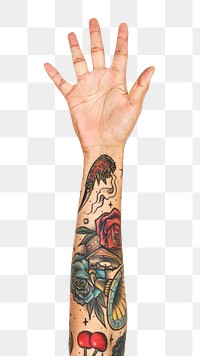 Png five fingers up tattooed hand gesture sticker, sign language on transparent background