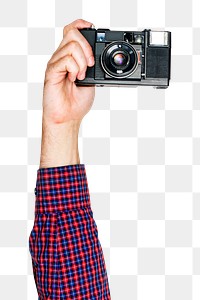 Camera png in hand sticker on transparent background