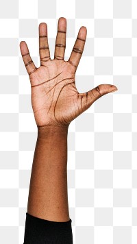 Png five fingers up black hand gesture sticker, sign language on transparent background