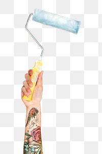 Paint roller png in tattooed hand sticker on transparent background