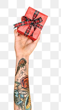 Gift box png in tattooed hand sticker on transparent background