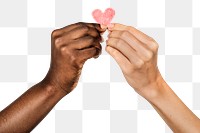 Png two hands holding heart sticker, transparent background