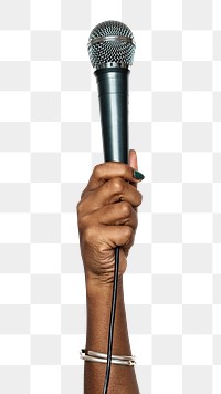 Microphone png in hand sticker on transparent background