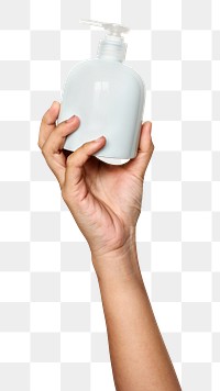 Soap dispenser png in hand sticker on transparent background