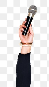 Microphone png in hand sticker on transparent background