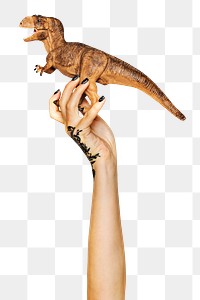 Dinosaur toy png in hand sticker on transparent background