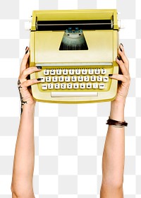 Type writer png in hand sticker on transparent background