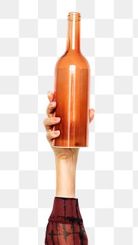 Glass bottle png in hand sticker on transparent background