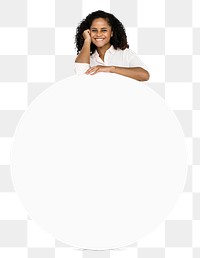 Cheerful black woman with an empty round board transparent png