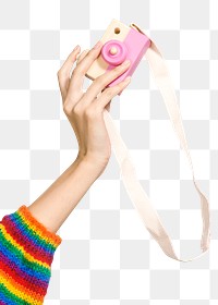 Woman with a pink wooden camera toy mockup
