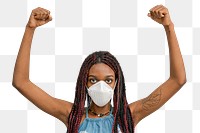 Black woman wearing a mask and raising her hands up in the air transparent png
