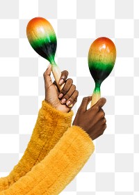 Black hands in a yellow sweater holding maracas mockup