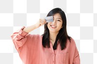 Happy Asian woman png with a credit card