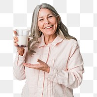 Cheerful senior woman drinking a glass of milk