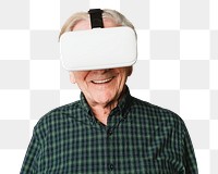 Cheerful senior man wearing virtual reality headset