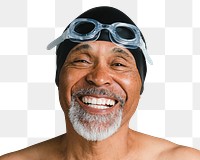 Senior man png transparent, wearing swimming glasses portrait