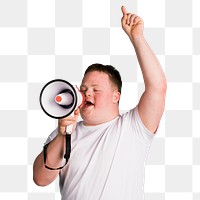 Cute boy with down syndrome using a megaphone to amplify his voice 