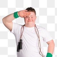 Kid with down syndrome with a skipping rope around his neck 