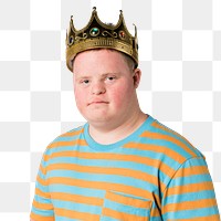 Confident boy with down syndrome wearing a crown 